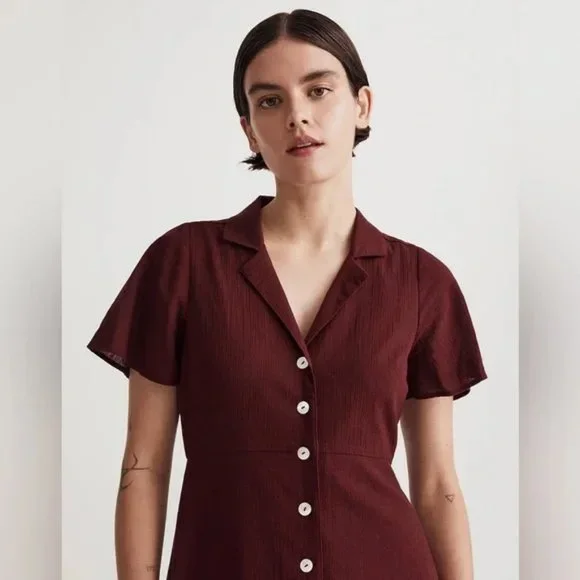 NWT Madewell | Crinkle Cotton Button-Front Midi Dress in Burgundy Size 0 - Picture 4 of 11